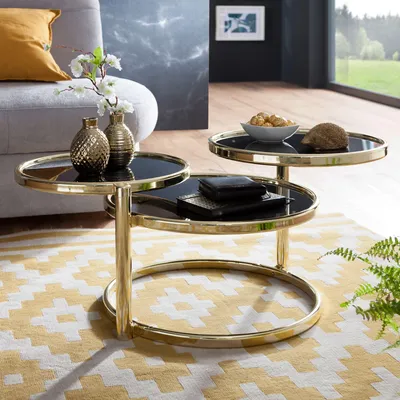 Image de Table basse FineBuy à 3 plateaux 58 x 43 x 58 cm Table d'appoint ronde Table de salon Verre / Métal Table design en verre Table de canapé Noir Or