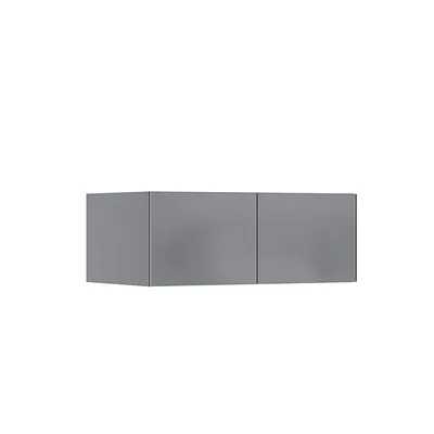 A gray cabinet with two doors shown from the front.