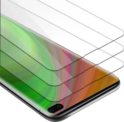 Three transparent screen protectors are stacked on top of each other, angled to show the curved edges of a smartphone screen.