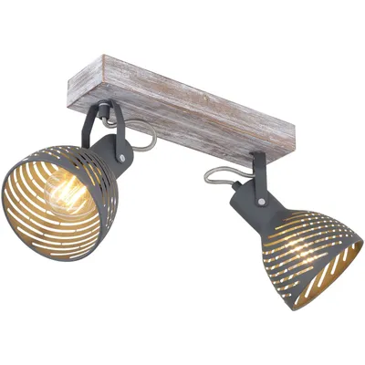 Zdjęcie produktu dla Globo Lighting reflektor drewno antyczne bielone, metal szary, niebieski, klosze z ozdobnymi szczelinami, DxWxH: 300x125x250mm, bez 2x E27 40W 230V