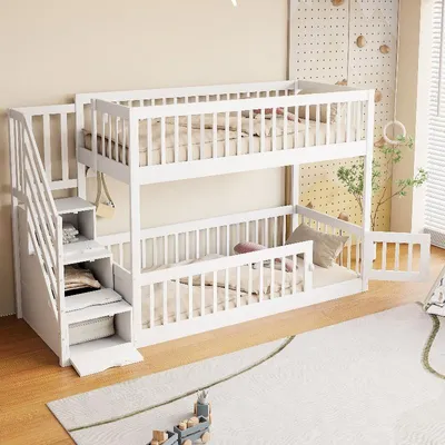 Produktbild von Etagenbett 90x200cm aus Holz in Weiß, Kinderbett mit Sicherheitstreppe und Schubladen, Etagenbett mit Geländer für Kinderzimmer