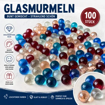 Produktbild von 100 Glasmurmeln 16 mm – Bunte Murmeln aus Glas – Spiel- & Deko-Murmeln im Farb-Mix, KI-generiertes Bild