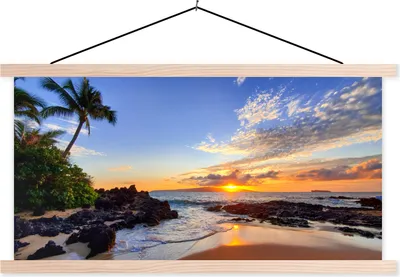 Produktbild von MuchoWow® Textilposter Strand - Meer - Sonnenuntergang - Hawaii 60x30 cm mit holzfarbenen Rahmen - Dekoration