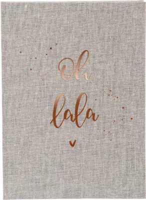 Image de Cahier à couverture en lin, format A5 (15x22 cm), couleur gris, avec détails rose doré, marque Goldbuch. Oh là là !