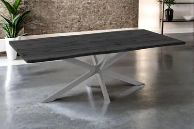 Produktbild von Esstisch 220x100 cm Baumkante Holz Grau-Optik Spider-Gestell Metall silber JOSY