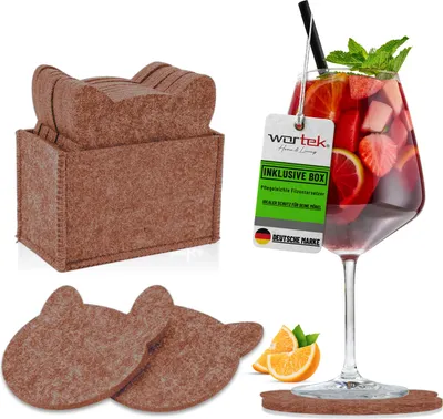 Produktbild von wortek Filz Untersetzer - Deko Tischset + Aufbewahrungsbox I für Gläser & Tisch, 10er Set I 10cm I Katze, Braun