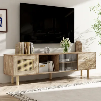 Image de AIORBER Meuble TV, avec portes en rotin, deux tiroirs, portes coulissantes en verre, pieds en bois massif, durable,compartiment de rangement ouvert, pour le salon, 172x35x48cm, naturel