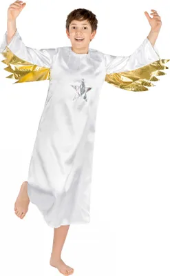 A young boy in an angel costume with gold wings.