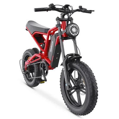 A red electric bicycle is shown from a front-side angle against a white background.