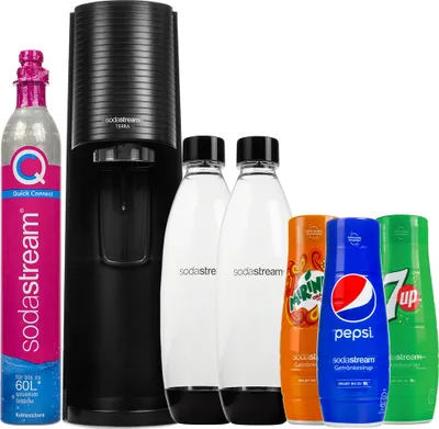 Produktbild von Sodastream Wassersprudler Terra Schwarz mit 2 Flaschen Sirup Set Pepsi
