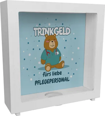 Produktbild von Trinkgeld fürs liebe Pflegepersonal Rahmen Spardose aus Holz mit süßem