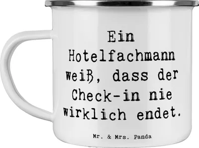 Produktbild von Mr. & Mrs. Panda Emaille Tasse Spruch Hotelfachmann Lebensweisheit - Weiß - Geschenk, Beruf, Berufsleben, 24/7-Service, Freundlichkeit, Hotel, Campingtasse, Pott, Haferl