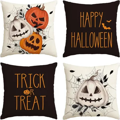 Zdjęcie produktu dla Pomarańczowe poszewki na poduszki dekoracyjne na Halloween, 50 x 50 cm, zestaw 4 sztuki