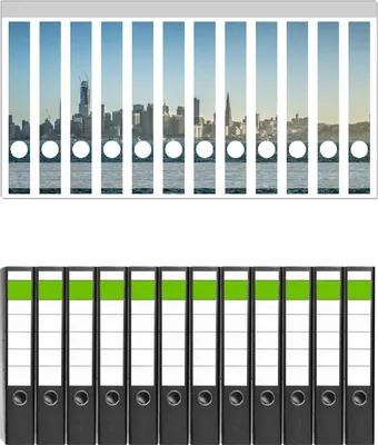 Produktbild von Wallario 12 Stück schmale Ordner inkl. Klebeetiketten mit Motive Skyline von San Francisco -  Set mit Rückenschildern / Ordnerrücken Stickern
