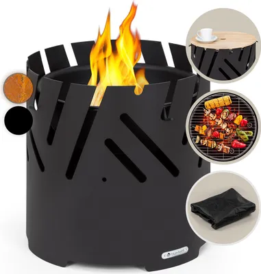 Zdjęcie produktu dla BlumfeldtCrown, palenisko ogrodowe 3 w 1, Ø 46 cm, wodoodporne i mrozoodporne, płyta grillowa, ruszt grillowy, bambusowy blat