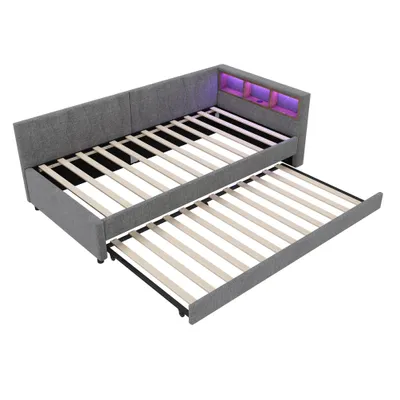Produktbild von Schlafsofa mit LED-Beleuchtung und Gästebett, 90x200 cm, Polsterbett mit Lattenrost und Mehrfachsteckdose, Einzelbett, Leinen