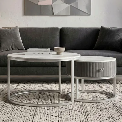 Immagine prodotto di Set di tavolini da salotto effetto marmo, dimensioni 70x45 cm e 50x40 cm, colore grigio argento, marca Mauro Ferretti, modello Greys