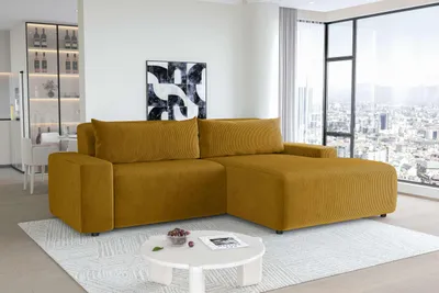 Produktbild von 99rooms Tivoli Ecksofa Cordstoff POSO Gold Rechts mit Kissen