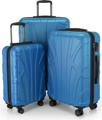Three blue suitcases of varying sizes are arranged diagonally on a white background.