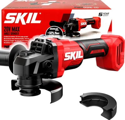 A red and black Skil angle grinder is shown on a white background, with its packaging in the background.