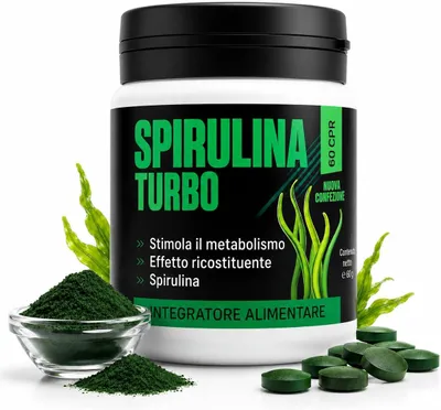 Immagine prodotto di Spirulina Turbo – Integratore Alimentare con Spirulina, Garcinia Cambogia, Rhodiola e Gynostemma – 60 Capsule
