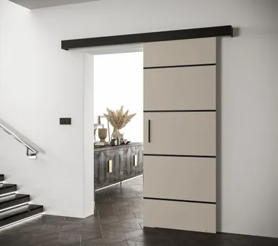 Produktbild von MEBLE KRYSPOL Schiebetürsystem STANLUX von Laguna Salwador 4, 90x204 cm, Schwarz/Kaschmir, laminierte Möbelplatte 16mm mit 0.5mm PVC-Furnier, glänzend, geräuscharm, 1-türig, Selbstmontage, optional: automatische Schließvorrichtung, modern-industriell