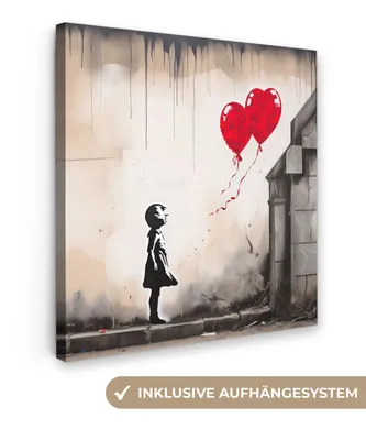 Produktbild von MuchoWow® - Leinwandbilder - Kunst - Mädchen - Luftballons - Herz - Grau, Wandbild, Wanddeko Bilder Wohnzimmer, 20x20cm