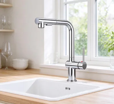 Produktbild von Aica Küchenarmatur Ausziehbar  L-Form Spültischarmatur Wasserhahn Küche Zinklegierung Messingkern KTW 2 Strahlarten 360° drehbar Chrom