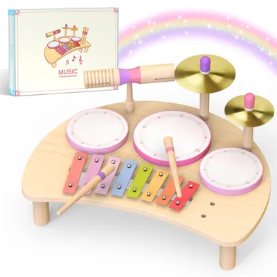 Produktbild von Omgoods – Schlagzeug-Set aus Holz – Lernspielzeug – Kinderschlagzeug-Set – Xylophon – Nachhaltiges Holz – Fördert Motorik und Koordination – Musikspielzeug