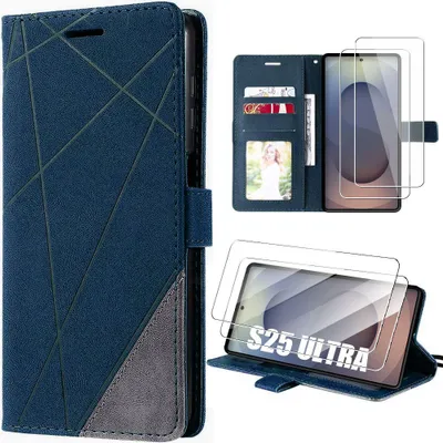 Image de Coque + 2 Verres Trempés pour Samsung Galaxy S25 Ultra, Anti-Rayures Antichoc Protection Synthécuir Bleu Marine
