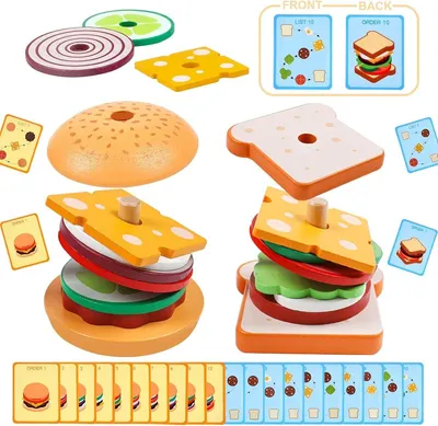 Produktbild von Montessori Holzspielzeug – Hamburger & Burger Bausteine, motorisches Lernspielzeug für Kinder ab 3 Jahren, Jungen & Mädchen