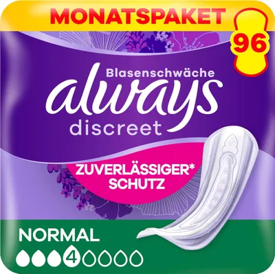 Produktbild von Always Discreet Inkontinenzeinlagen Normal, 96 Binden (4 x 24 Stück) Monatspaket, diskreter Schutz & hohe Saugstärke, geruchsneutralisierend (Verpackung kann variieren)