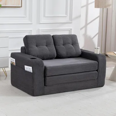 Produktbild von okwish Zweisitziges Sofa,Modulares Sofa mit Getränkehaltern und Seitentaschen,Loungesofa,Wohnzimmersofa mit gesteppten Kissen und Rückenlehne,Grau