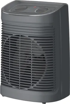 A gray portable electric heater with a fan.