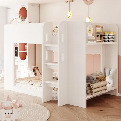 Immagine prodotto di Letto a castello Merax 90x200 cm con ringhiera di sicurezza e scaletta, letto per ragazzi con ripiano a due livelli, struttura inferiore flessibile, realizzato in MDF, colore bianco