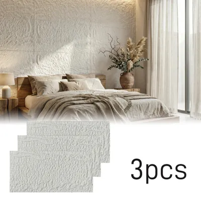 Produktbild von UISEBRT Dicke Wandpaneele in natürlicher Steinoptik, 5 cm Materialstärke, 3 Stück Cremeweiß strukturierte Innenverkleidung, Modell B