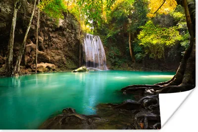 Produktbild von MuchoWow® Poster Sonnenlicht an einem Wasserfall im Erawan-Nationalpark, Thailand 90x60 cm - Schlafzimmer
