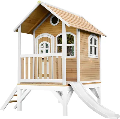 Produktbild von AXI Spielhaus Tom mit weißer Rutsche | Stelzenhaus in Braun & Weiß aus Holz für Kinder | Spielturm für den Garten