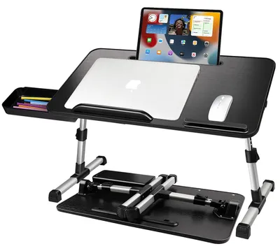 Zdjęcie produktu dla Stolik pod laptop do łóżka, regulowana wysokość i kąt nachylenia, składany z szufladą, 53 x 30 cm, czarny