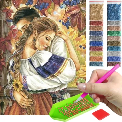 Zdjęcie produktu dla Haft diamentowy ARTULIO - Zakochana para w jesiennej scenerii - 40 x 30 cm - Diamond painting, Kompletny zestaw: mozaika + akcesoria