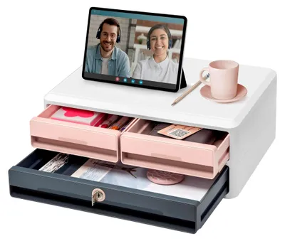 Produktbild von MoovUp Monitorständer mit 3 Schubladen in Weiß, Rosa und Gewittergrau