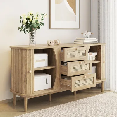 Produktbild von STILVORA Sideboard Rattankommode mit Schiebetüren, verstellbaren Einlegeböden und abgerundeter Platte,Kommode aus Holz mit Schubladen,Natur