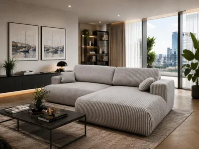 Produktbild von KSHOMECONCEPT Ecksofa Luna L rechts mit Schlaffunktion und Bettkasten Hellgrau Cord, KI-generiertes Bild