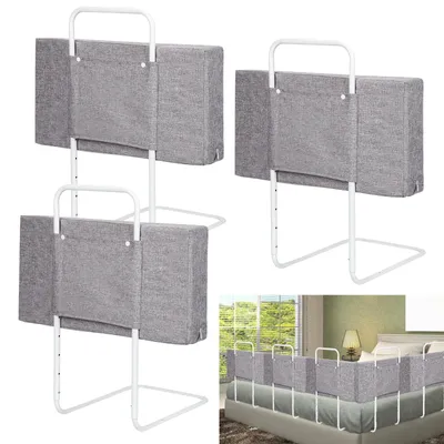 Image de Ikodm, 3 barrières de lit de 60 cm, grises, ensemble de protections pour lit, réglables en hauteur avec 5 positions, barrières de sécurité pour lit de bébé et lit familial