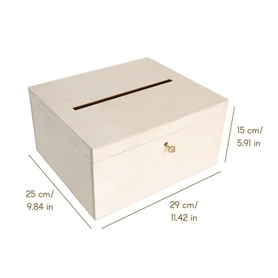 A light-colored wooden box with a slot on top and a small lock on the front, with dimensions indicated by measurement lines and text.