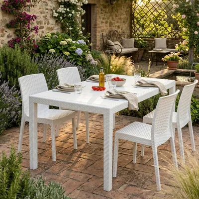 Produktbild von Gartentisch Portici, Rechteckiger Esstisch, Mehrzweck-Gartentisch in Rattan-Optik, 100 %  Italy, 150x90h72 cm, Weiß