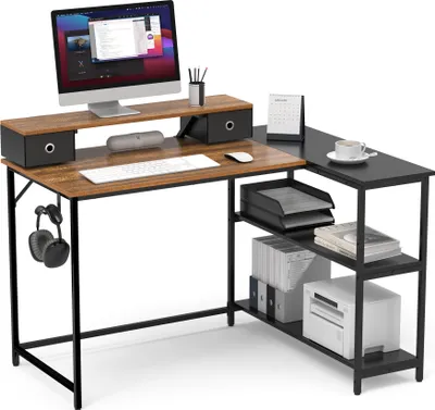 Produktbild von Mondeer L-Förmiger Computertisch Abnehmbare Monitorständer mit 2 Schubladen Schreibtisch mit 2 Regalen links oder rechts 120x90x90cm Schwarz