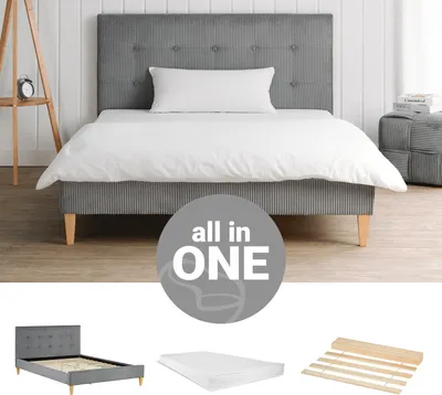 Produktbild von Homestyle4u Polsterbett 140x200 mit Matratze mit ® Standard 100 und Lattenrost Doppelbett mit Rückenlehne Cord Grau