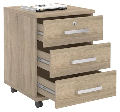 Produktbild von Rollcontainer Bürocontainer Büroschrank VANCOUVER, in Sonoma Eiche, abschließbar mit 3 Schubladen, 44 x 58 x 45 cm
