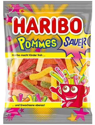 Produktbild von Haribo Saure Pommes, Gummibärchen, 175 g, Grapefruit, Zitrone, Orange, Pfirsich, Ananas, Mehrfarbig, 1434 kJ, 337 kcal